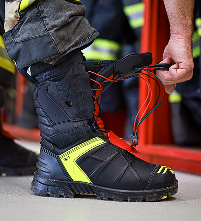 Schuhe, Schuhstiefel, Feuerwehrstiefel, Neon-Gelb, Schnürsystem, Stiefel, Arbeitsschuhe, Schuhwerk, Schnürsenkel, Hi-Vis Gelb, Wasserdicht, Arbeitsstiefel, Stiefel, Sicherheitsstiefel, Produktbild