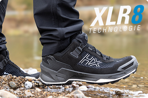 hiking shoe, trail shoe, mid-cut, black shoe, rubber outsole, Wanderschuhe, Stiefel, Gummisohle, Stoff/Textil, XLR8 Technologie